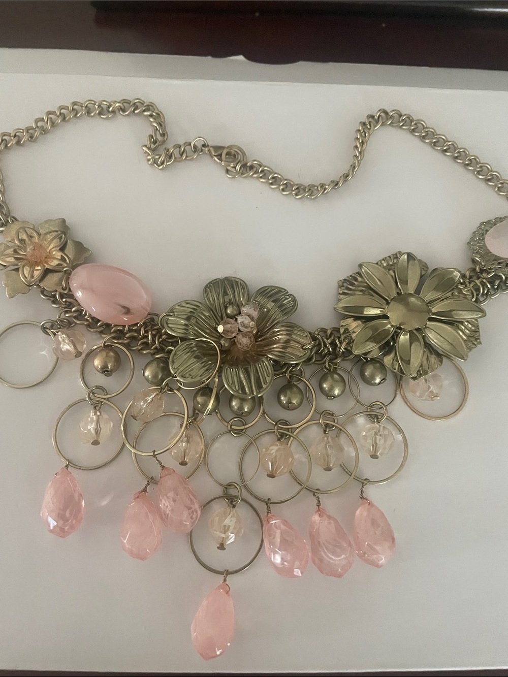 Floral Statement Necklace with Pink Crystal Drops